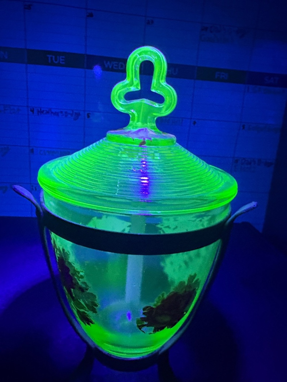 Vaseline Uranium Glass Covered Candy Dish - Neon Green